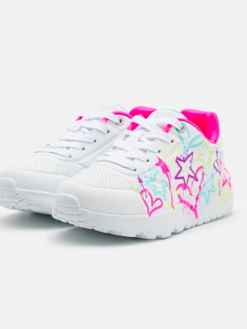 Skechers White Sneakers with Neon Pink Star & Multi-Color Graffiti